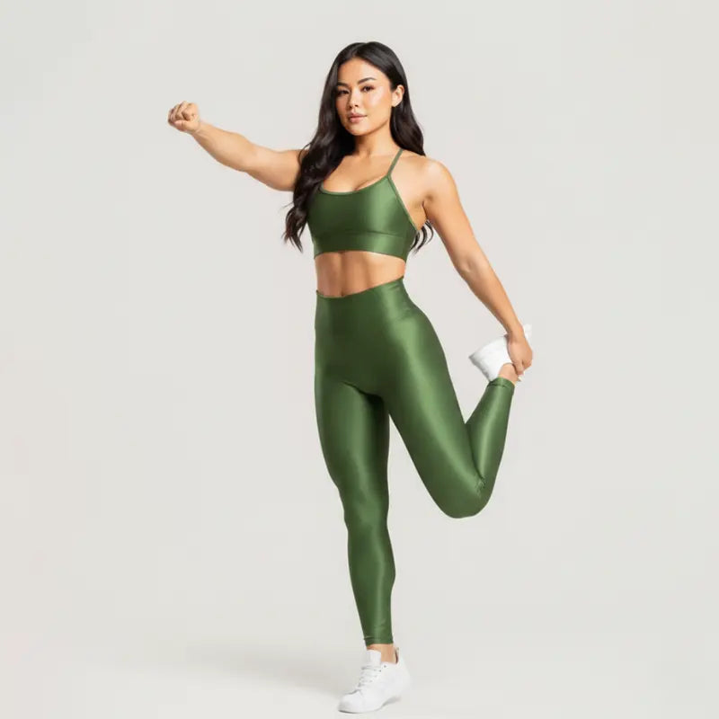Conjunto Feminino Verde Academia Trilobal Prisma - Top e Legging Canelada Brilho Premium