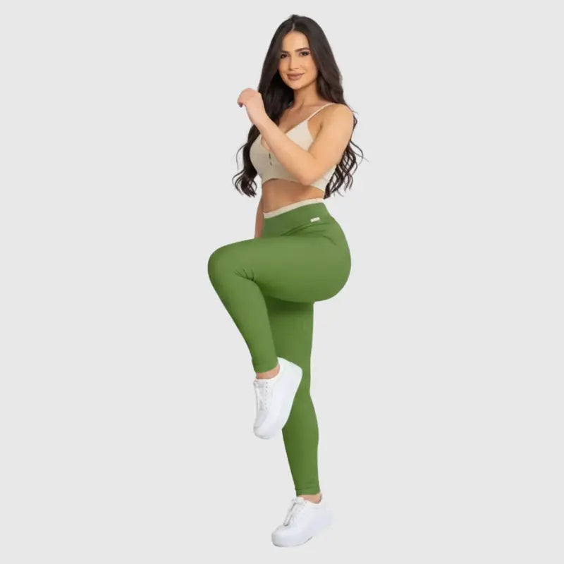Conjunto Fitness Glow Verde com Top Branco - Legging Zero Transparência Slim