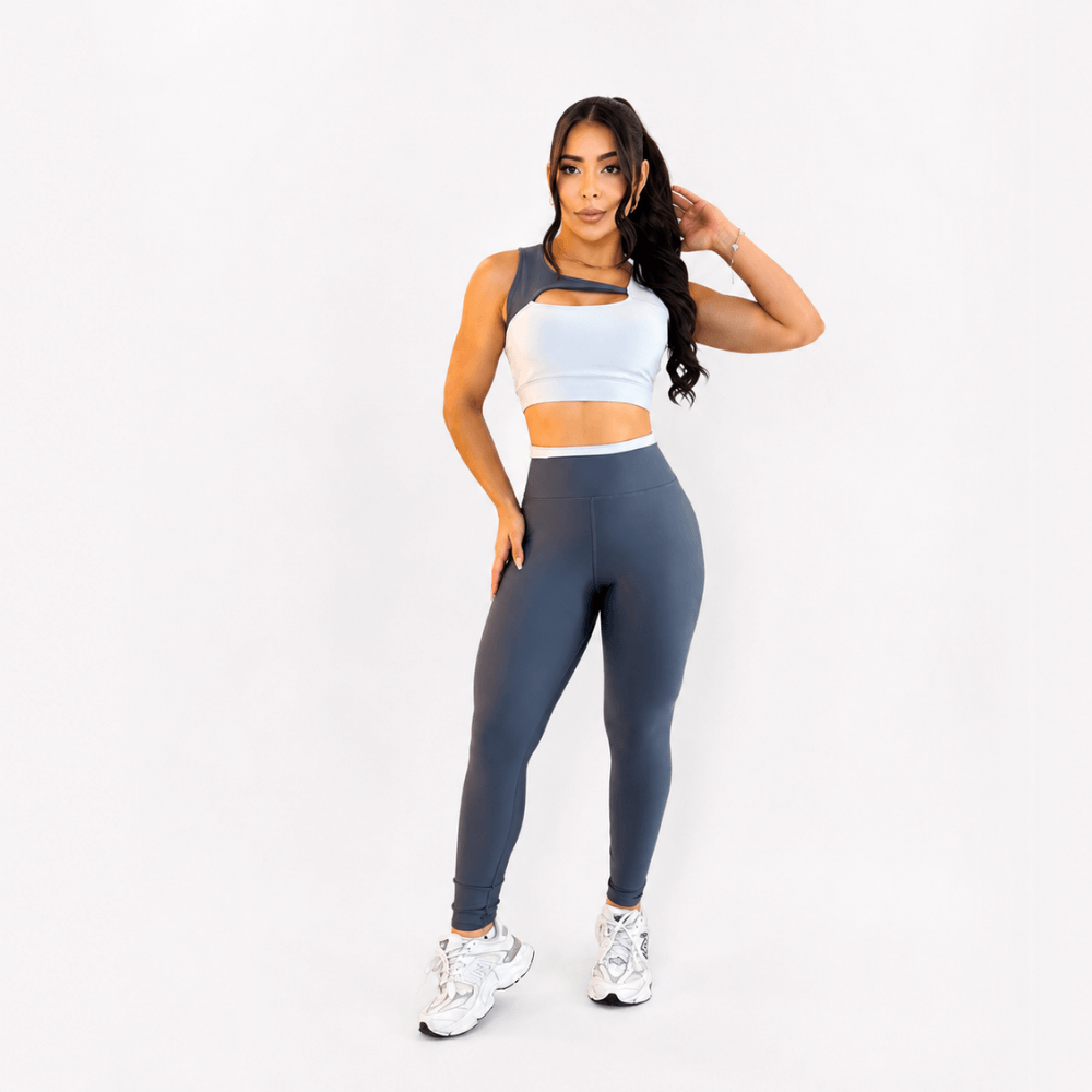 Conjunto Fitness Feminino Cinza e Branco Top e Legging Cintura Alta Premium