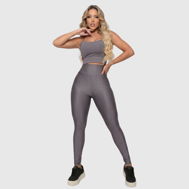 Conjunto Fitness Feminino Cinza Top e Legging Cintura Alta Premium