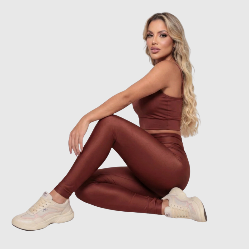 Conjunto Fitness Feminino Marrom Top e Legging Cintura Alta Premium
