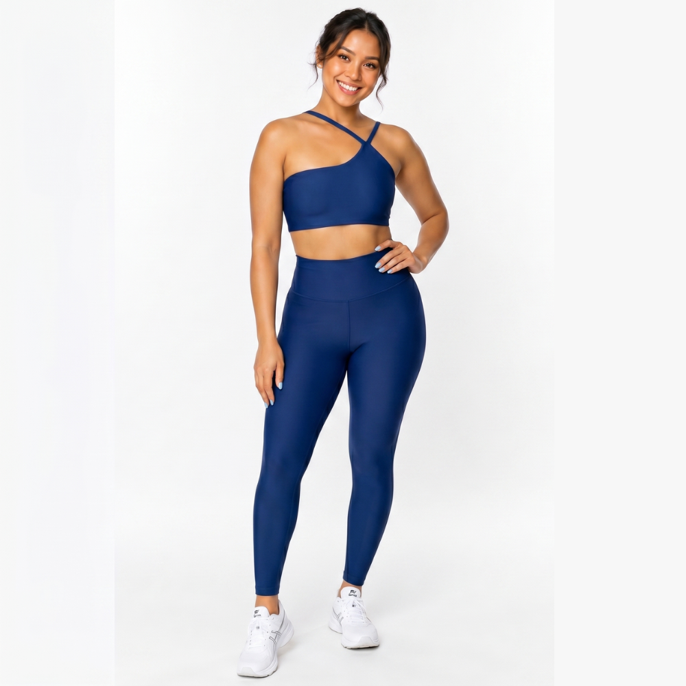 Top Fitness Nula Manga Azul Marinho Glow Um Ombro Só - Com Compressão e Proteção UV