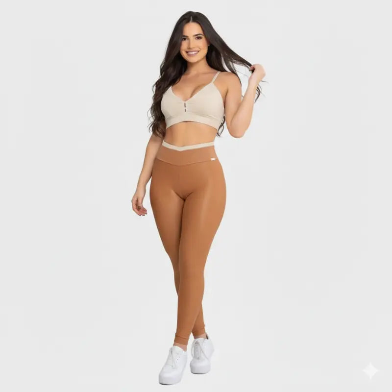 Conjunto Fitness Glow Caramelo com Top Bege - Legging Zero Transparência Slim