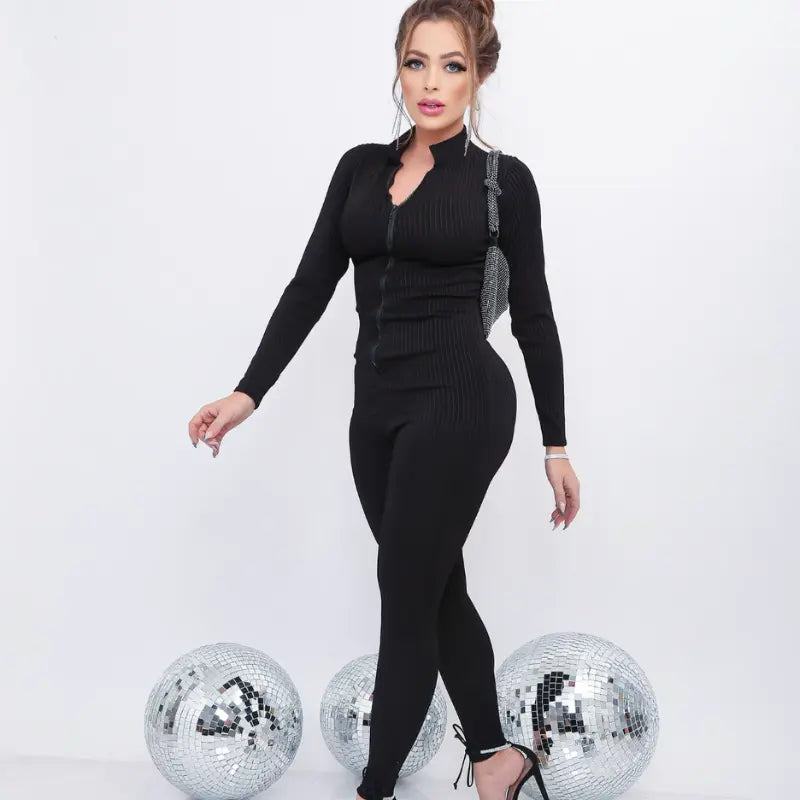 Macacão Fitness Preto Feminino Canelado com Zíper Frontal | Manga Longa Modelador Premium Não Transparente