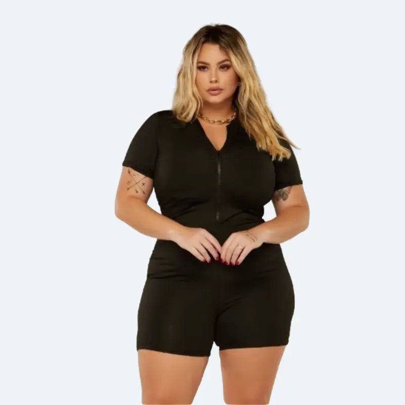 Macaquinho Fitness Plus Size Preto Feminino com Zíper Frontal | Modelador Premium Suplex Não Transparente