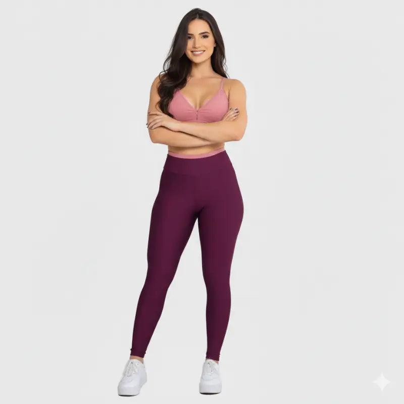 Conjunto Fitness Glow Vinho Bordô com Top Rosa - Legging Zero Transparência Slim