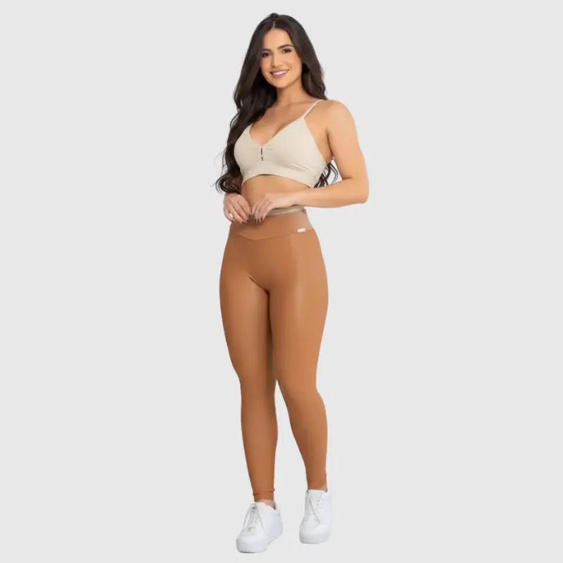 Conjunto Fitness Glow Caramelo com Top Bege - Legging Zero Transparência Slim