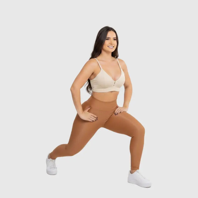 Conjunto Fitness Glow Caramelo com Top Bege - Legging Zero Transparência Slim