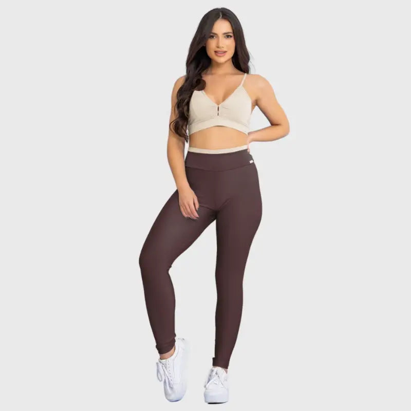 Conjunto Fitness Glow Marrom Café com Top Bege - Legging Zero Transparência Slim