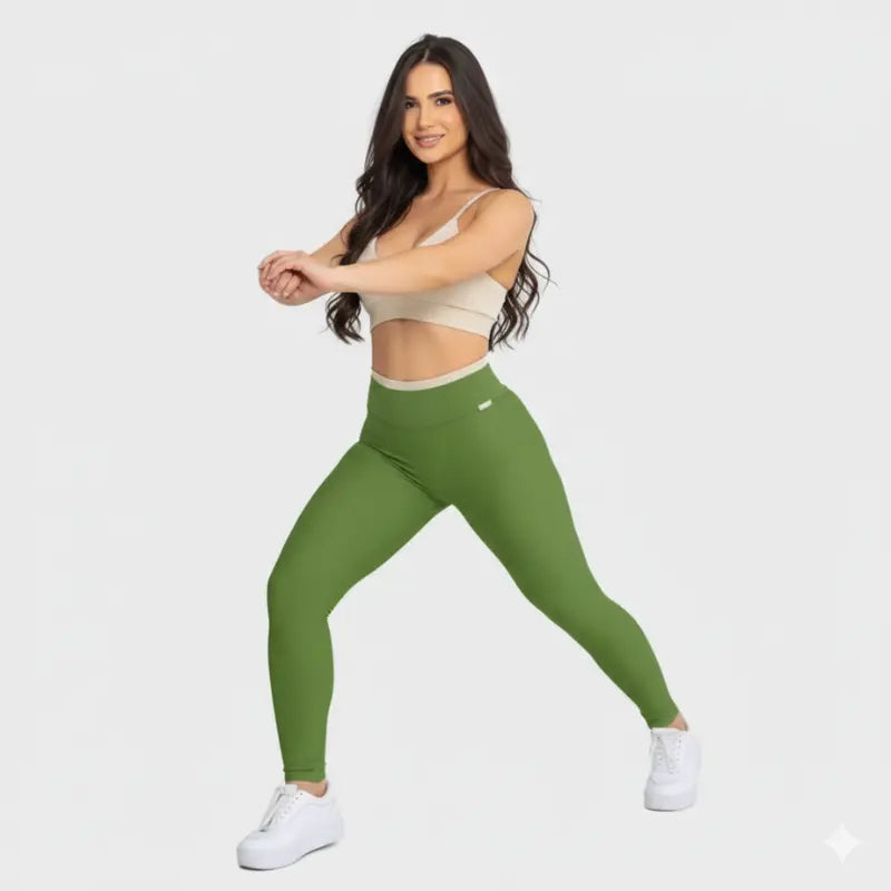 Conjunto Fitness Glow Verde com Top Branco - Legging Zero Transparência Slim
