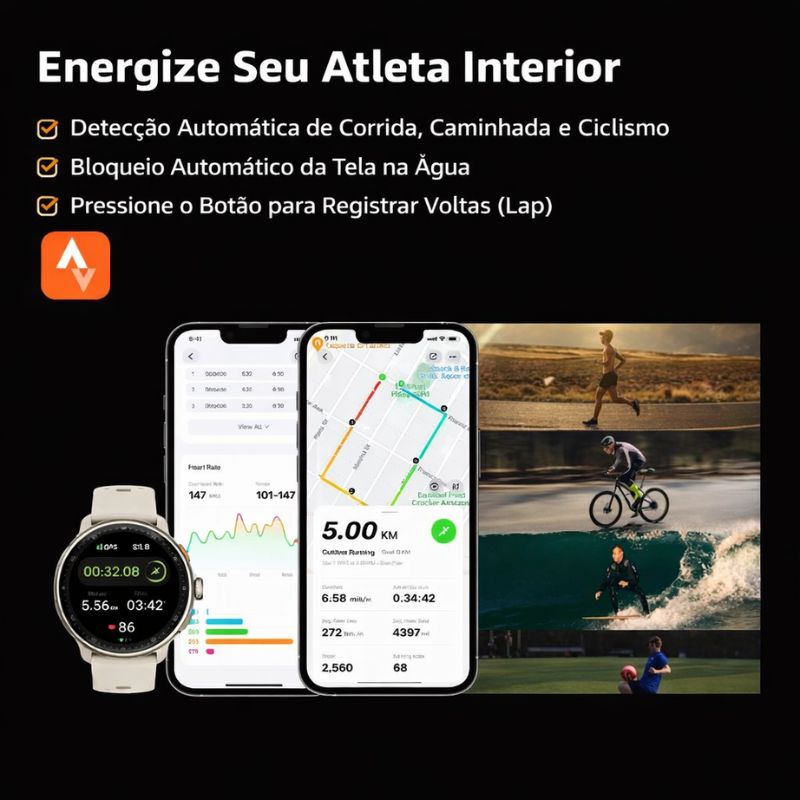 Smartwatch Esportivo GPS AMOLED 1.43" 3ATM com Chamadas