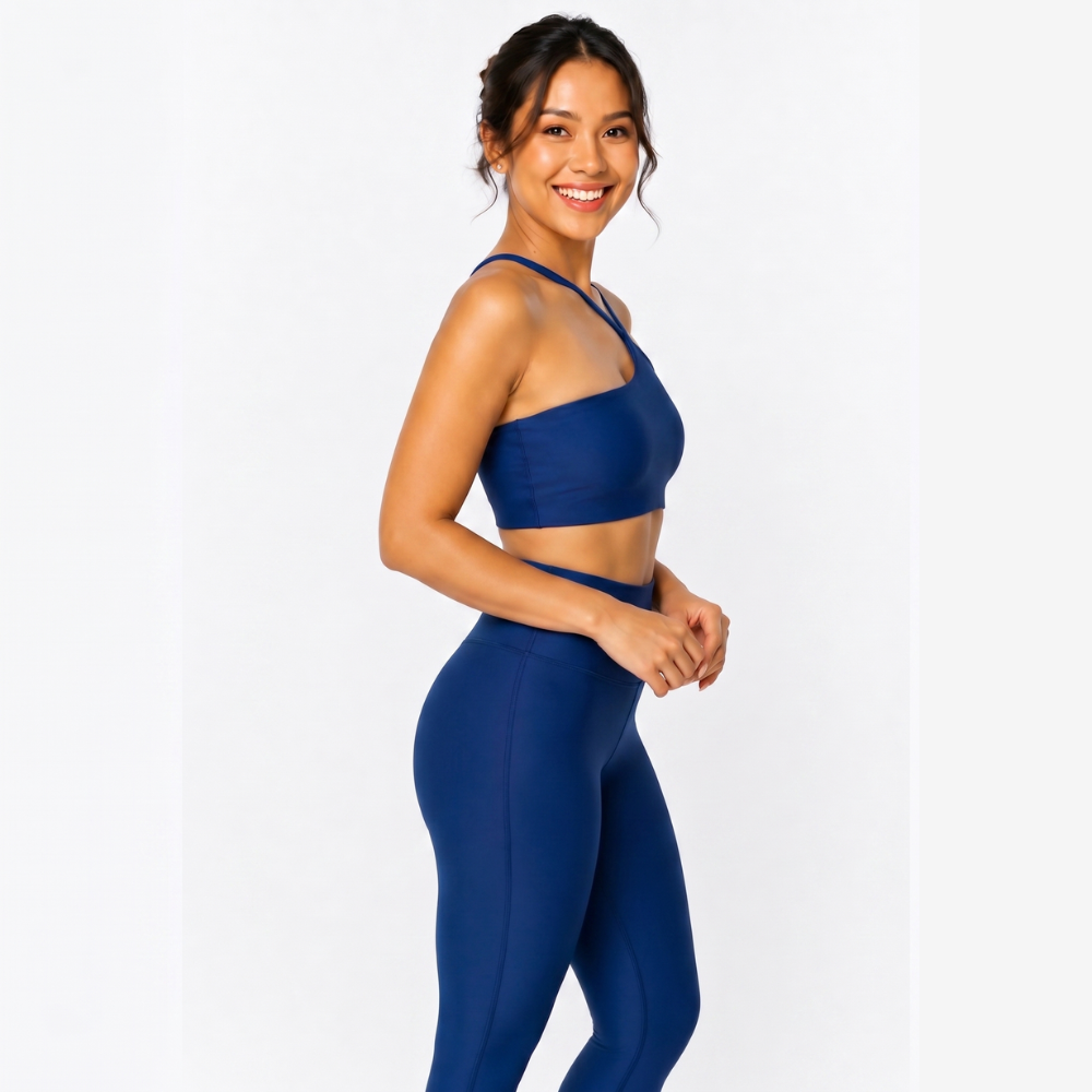 Top Fitness Nula Manga Azul Marinho Glow Um Ombro Só - Com Compressão e Proteção UV