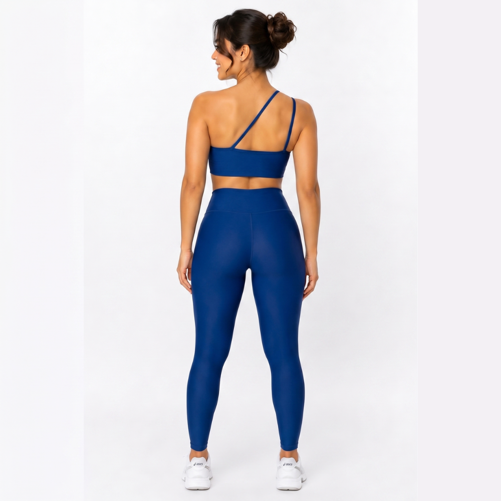 Top Fitness Nula Manga Azul Marinho Glow Um Ombro Só - Com Compressão e Proteção UV