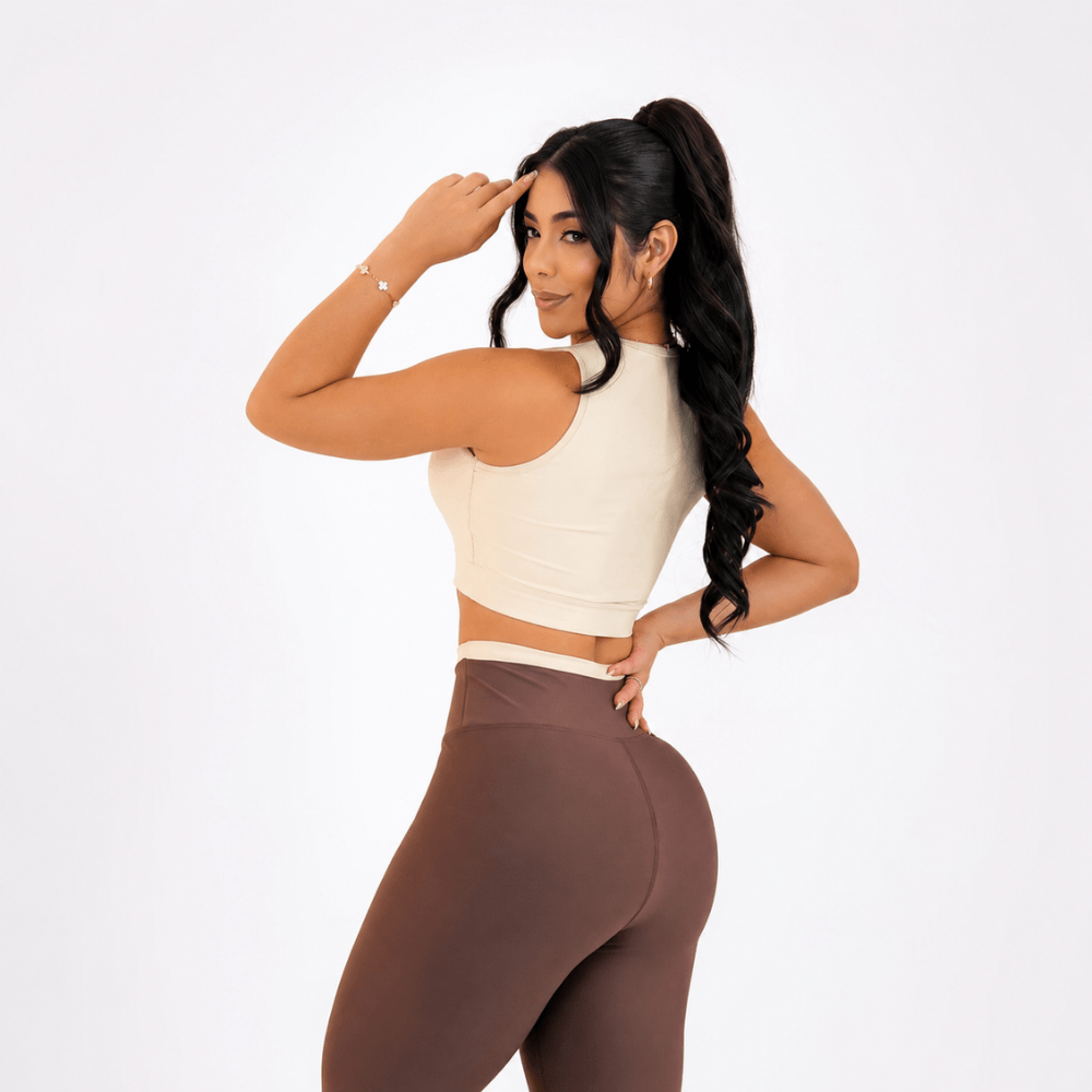 Conjunto Fitness Feminino Marrom e Bege Top e Legging Cintura Alta Premium