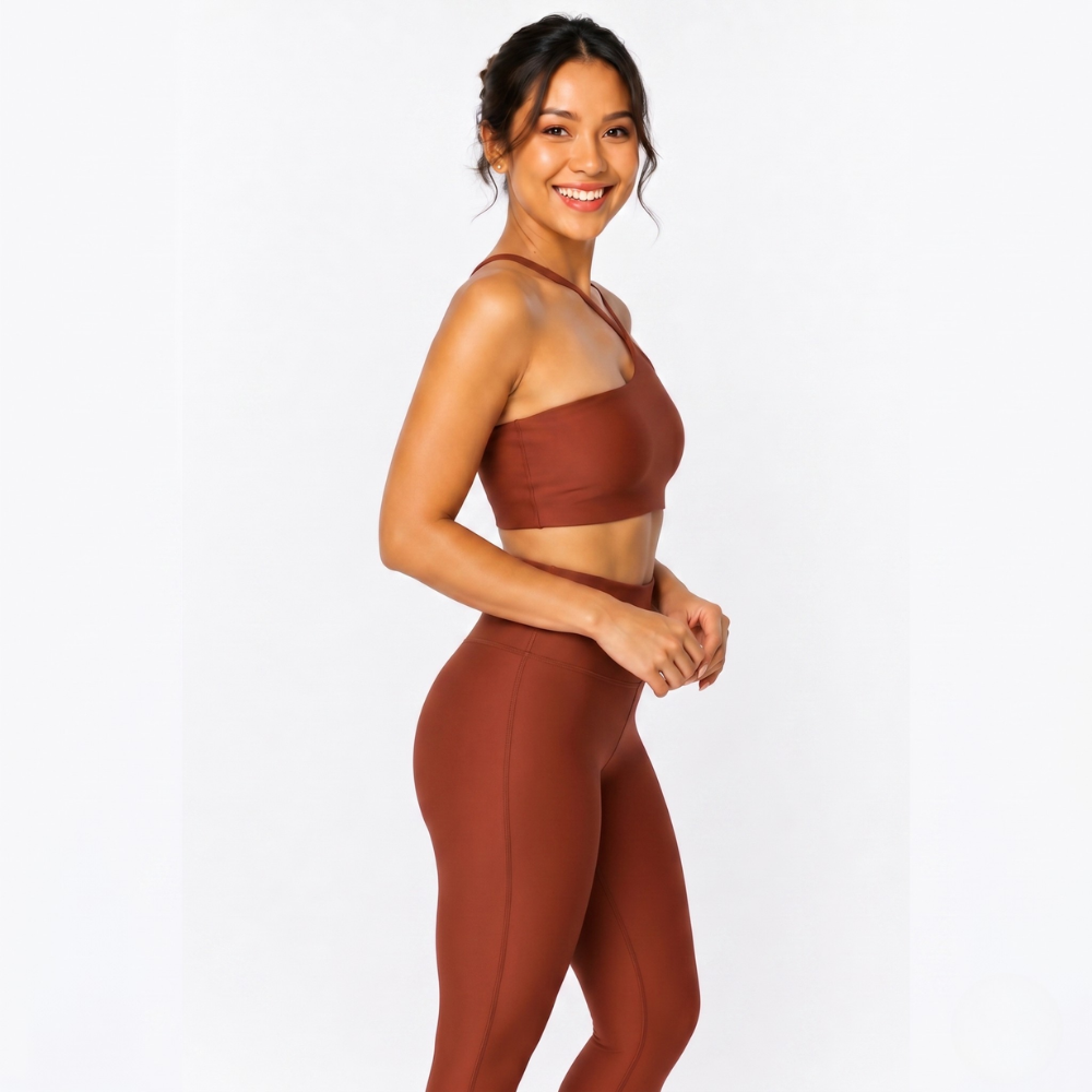 Top Fitness Nula Manga Marrom Terracota Um Ombro Só - Com Compressão e Proteção UV