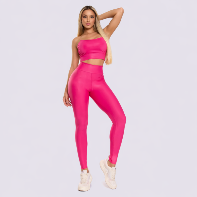 Conjunto Fitness Feminino Rosa Pink Top e Legging Cintura Alta Premium