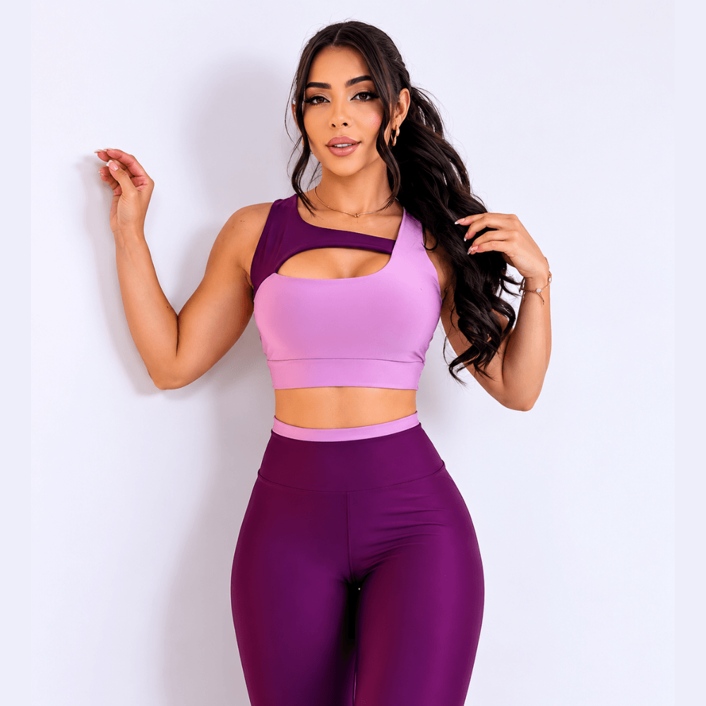 Conjunto Fitness Feminino Roxo e Lilás Top e Legging Cintura Alta Premium
