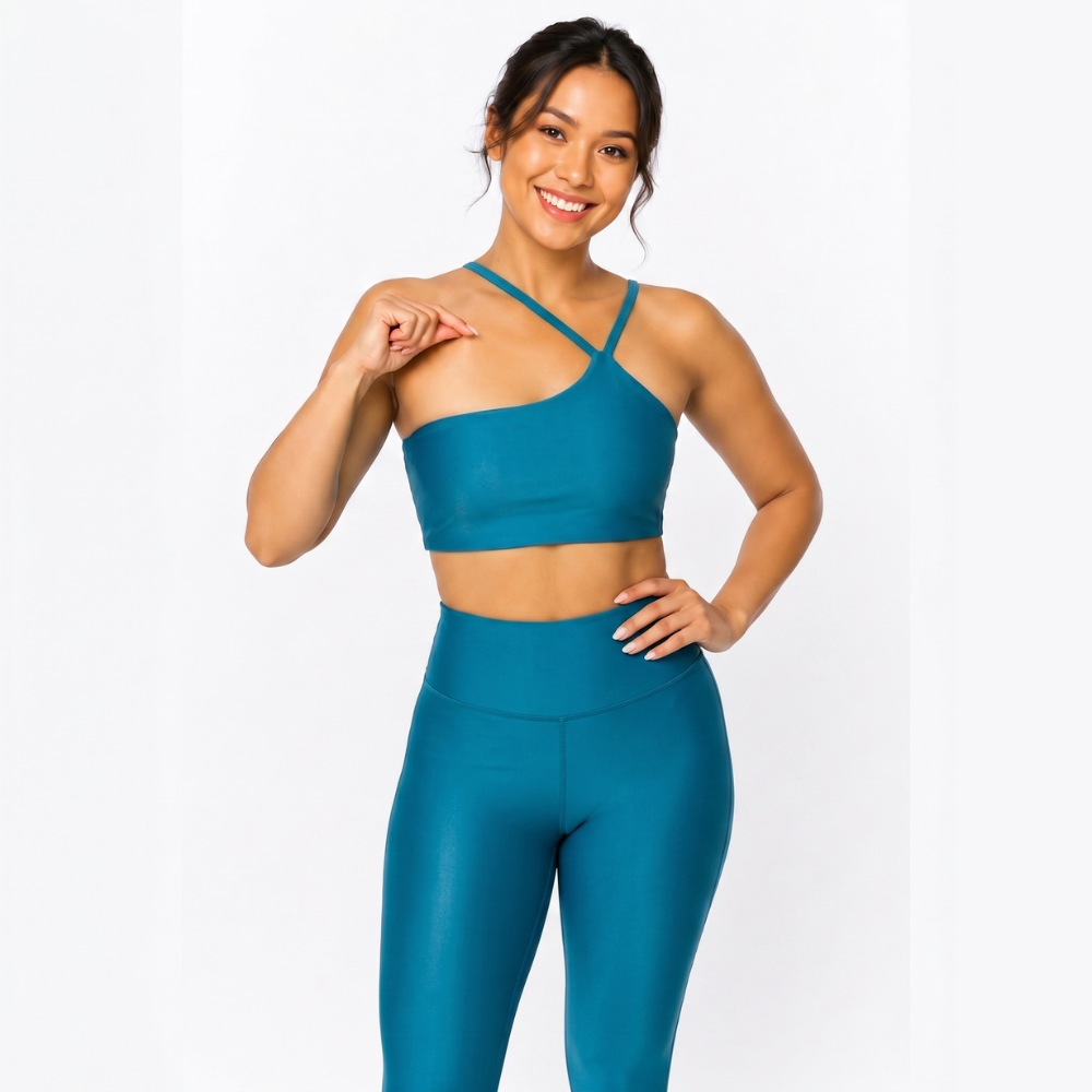 Top Fitness Nula Manga Azul Petróleo Glow Um Ombro Só - Com Compressão e Proteção UV