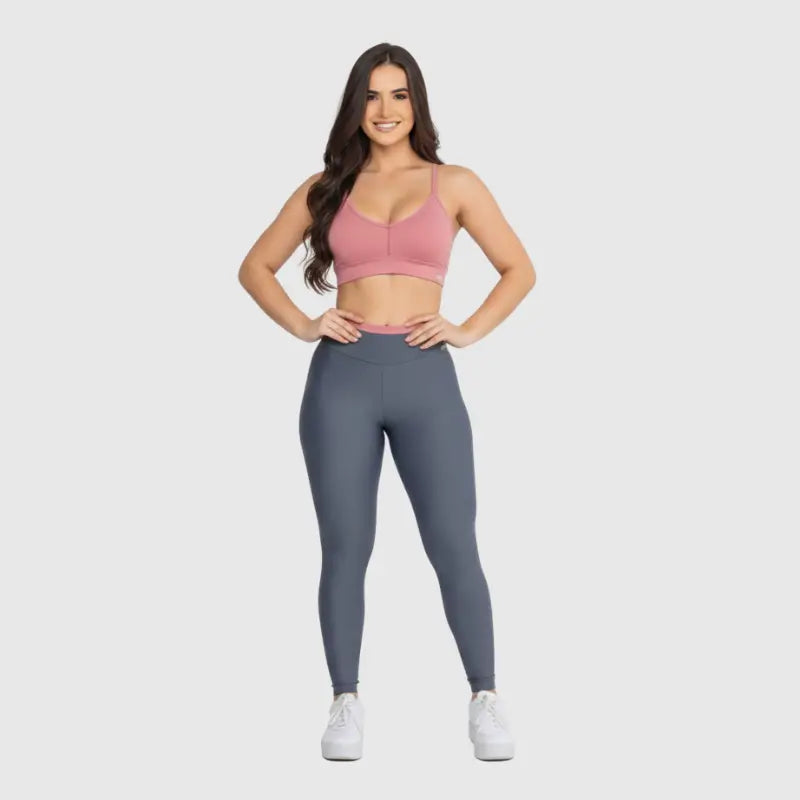 Conjunto Fitness Glow Cinza com Top Rosa - Legging Zero Transparência Slim