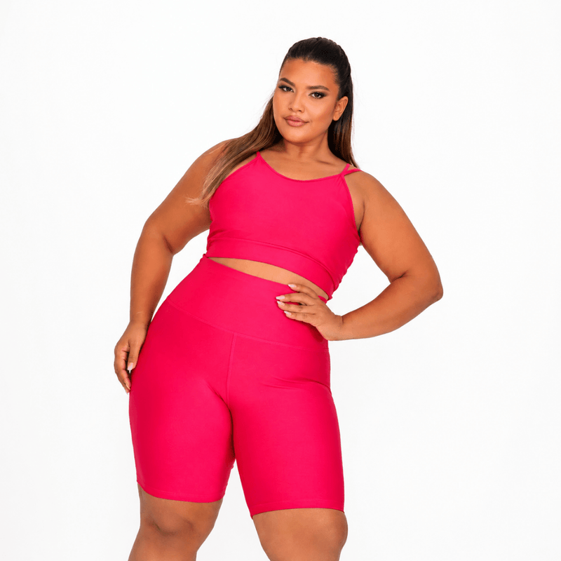 Conjunto Fitness Plus Size Feminino Rosa Pink com Bermuda Cintura Alta Premium
