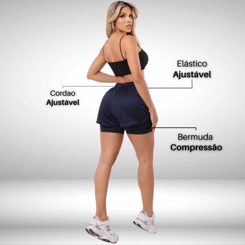 Bermuda Dupla Feminina Fitness 2 em 1 – Short Interno de Compressão Cintura Alta para Academia, Treino e Corrida