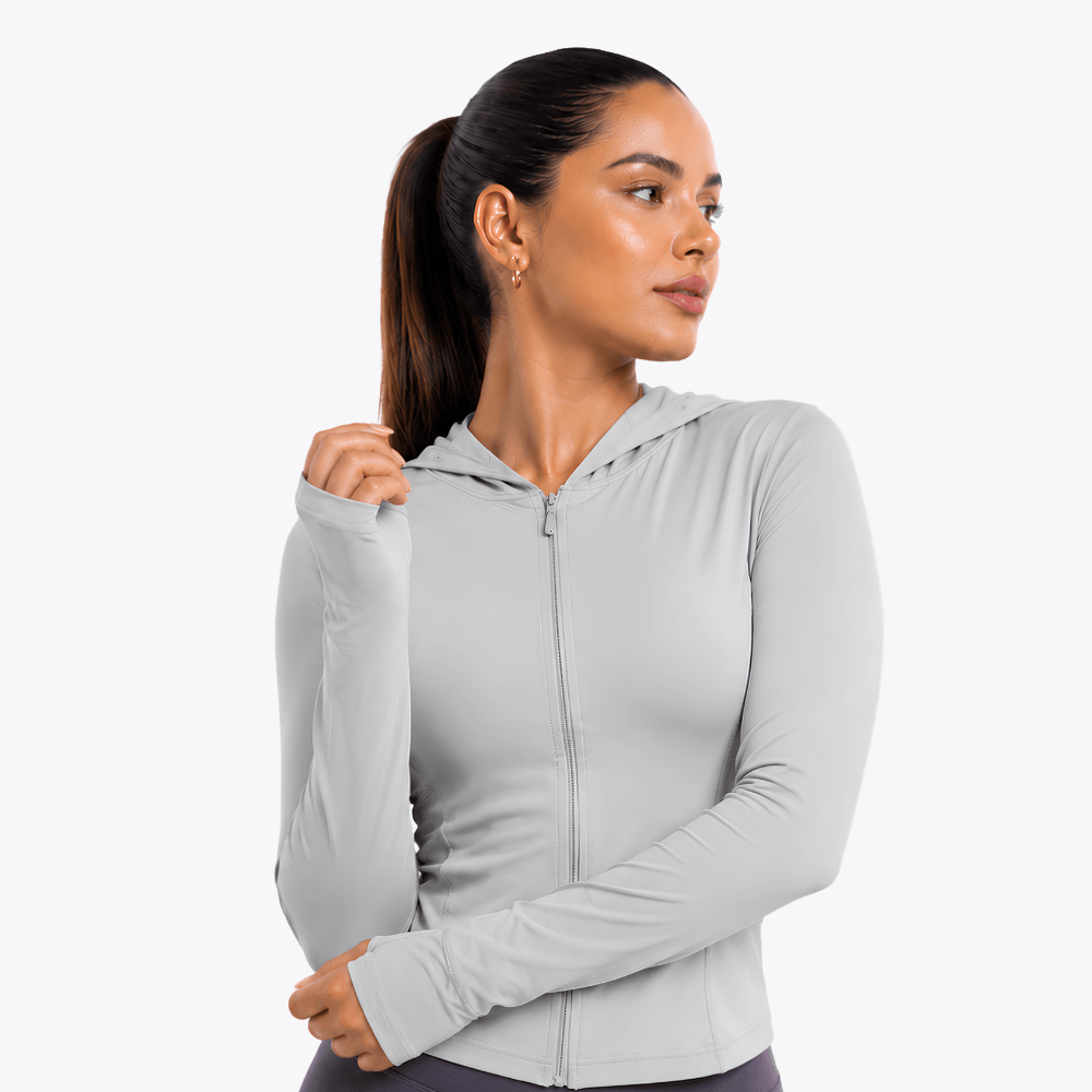 Jaqueta Fitness Feminina com Capuz Manga Longa Dry Fit Zíper Cinza