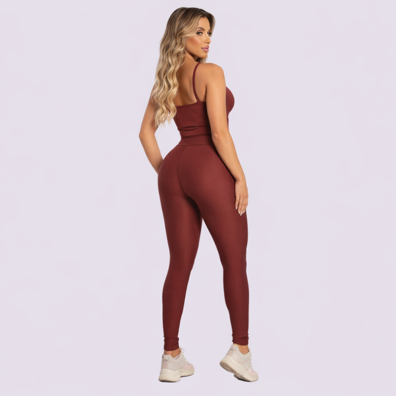 Conjunto Fitness Feminino Marrom Top e Legging Cintura Alta Premium