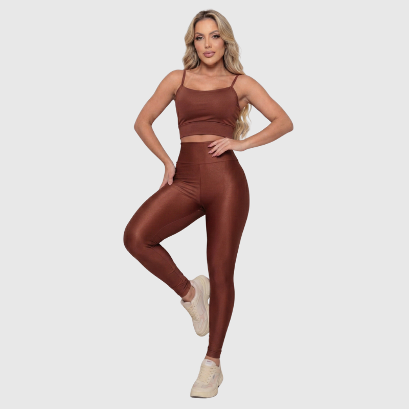 Conjunto Fitness Feminino Marrom Top e Legging Cintura Alta Premium