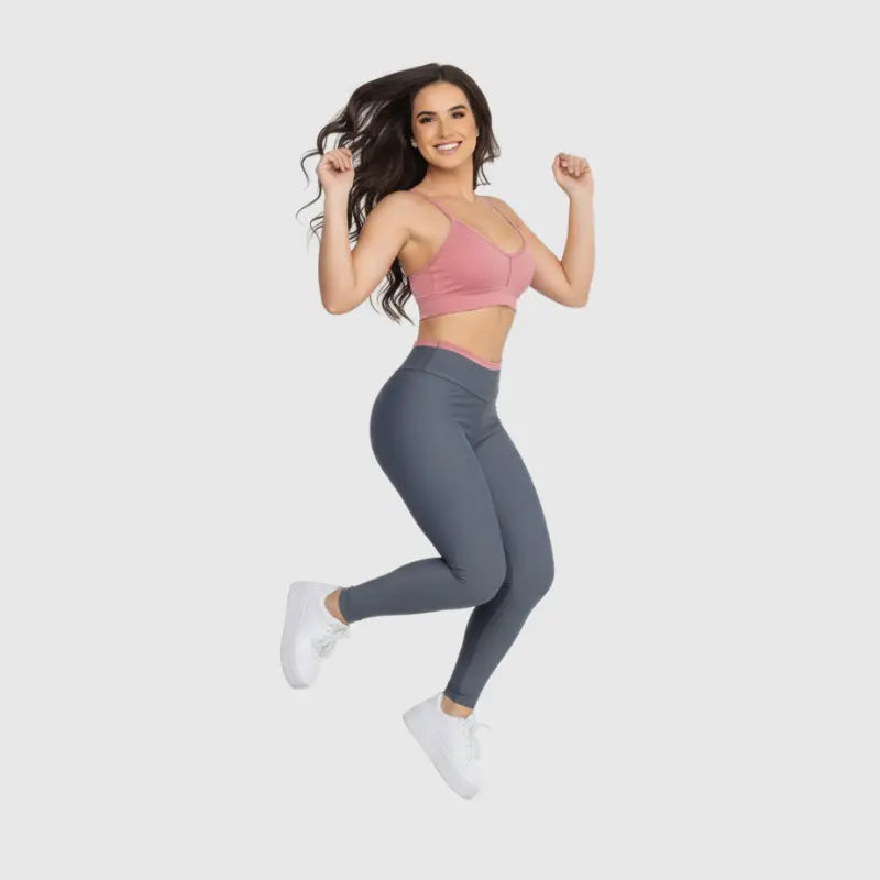 Conjunto Fitness Glow Cinza com Top Rosa - Legging Zero Transparência Slim