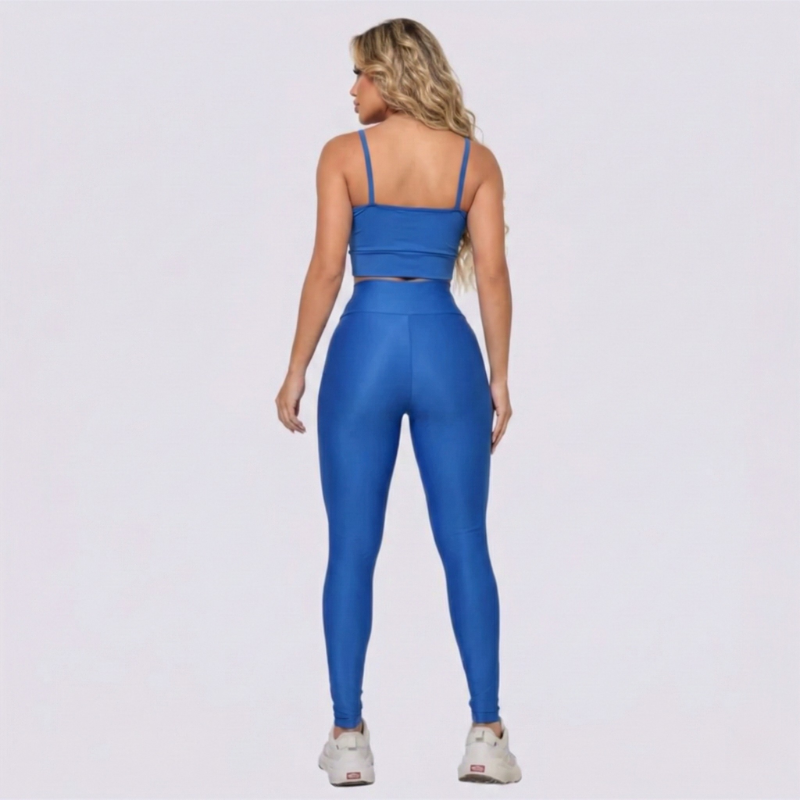 Conjunto Fitness Feminino Azul Top e Legging Cintura Alta Premium