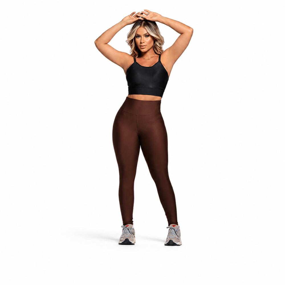 Calça Legging Fitness Feminina Marrom Café Cintura Alta Modeladora Premium