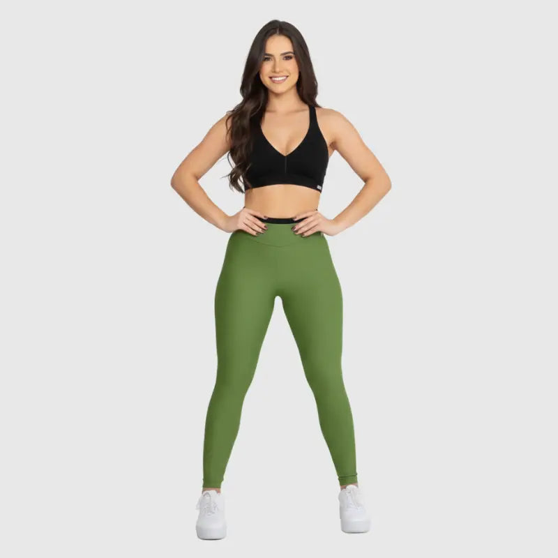 Conjunto Fitness Glow Verde com Top Preto - Legging Zero Transparência Slim