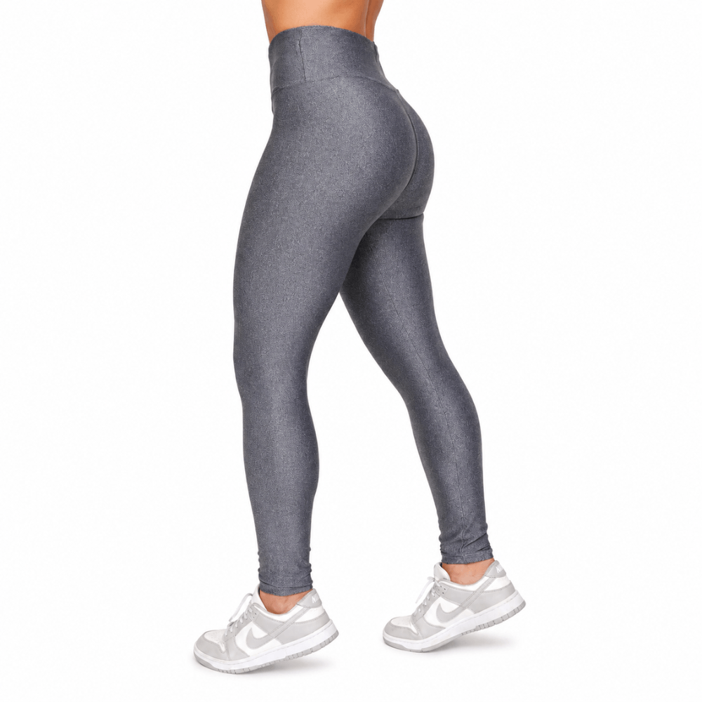 Calça Legging Fitness Feminina Cinza Chumbo Jacquard Cintura Alta Modeladora Premium