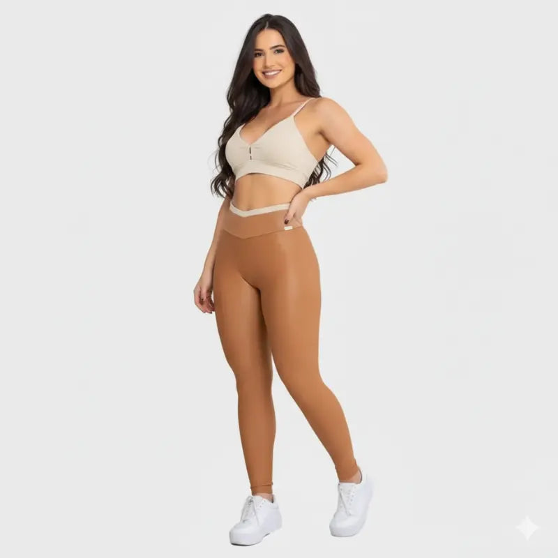 Conjunto Fitness Glow Caramelo com Top Bege - Legging Zero Transparência Slim
