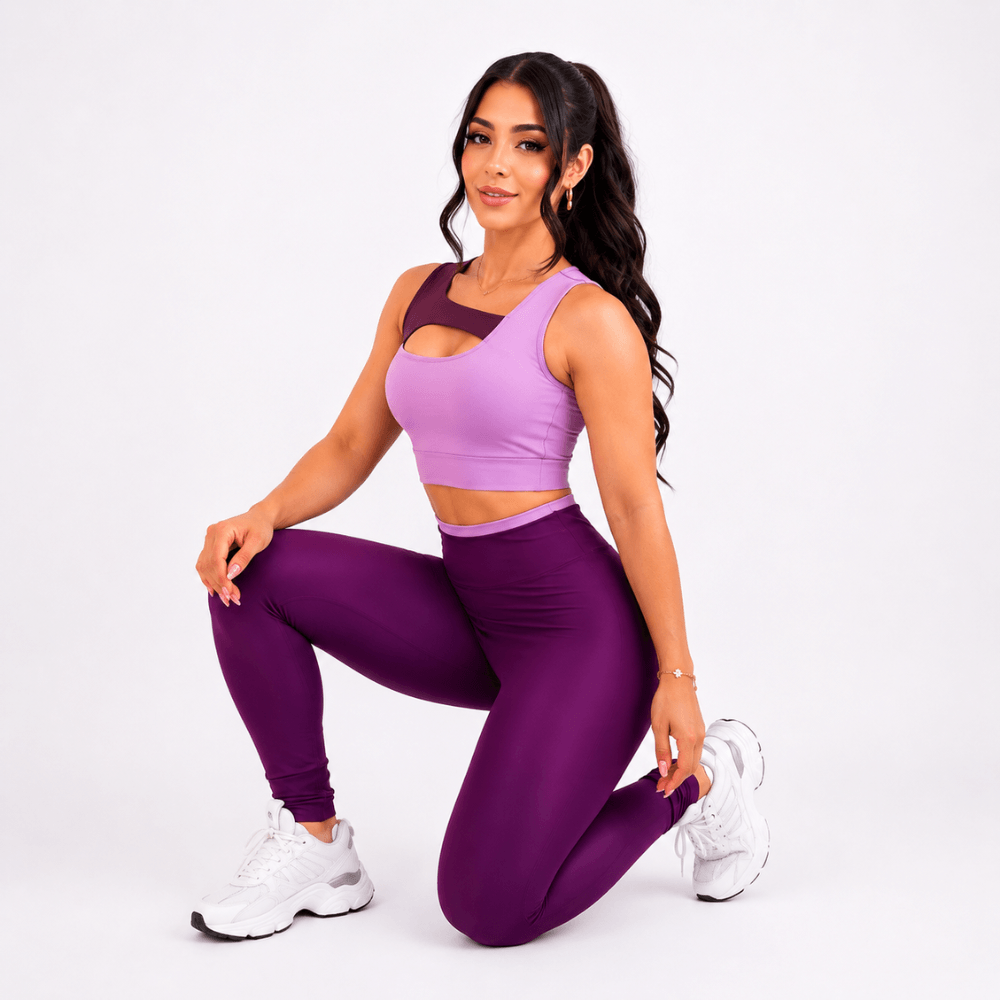 Conjunto Fitness Feminino Roxo e Lilás Top e Legging Cintura Alta Premium