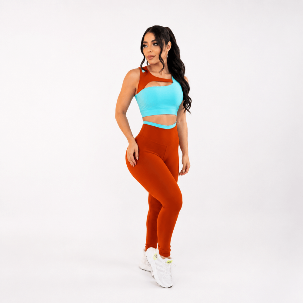 Conjunto Fitness Feminino Terracota e Azul Top e Legging Cintura Alta Premium