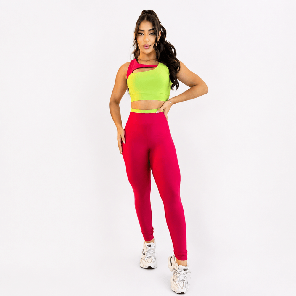 Conjunto Fitness Feminino Pink e Verde Lima Top e Legging Cintura Alta Premium