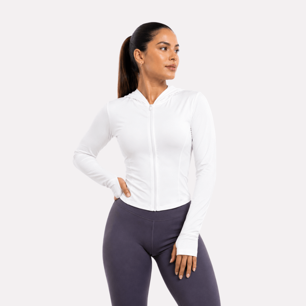 Jaqueta Fitness Feminina com Capuz Manga Longa Dry Fit Zíper Branca