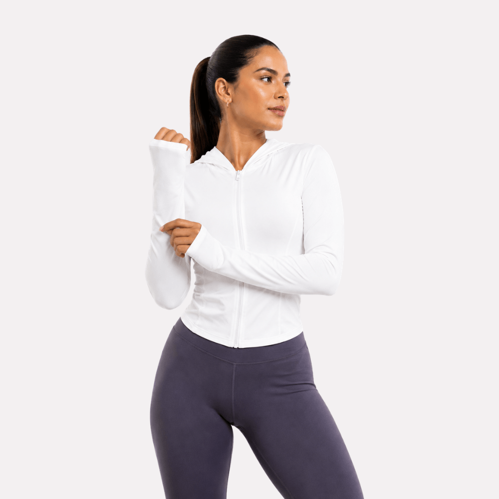 Jaqueta Fitness Feminina com Capuz Manga Longa Dry Fit Zíper Branca