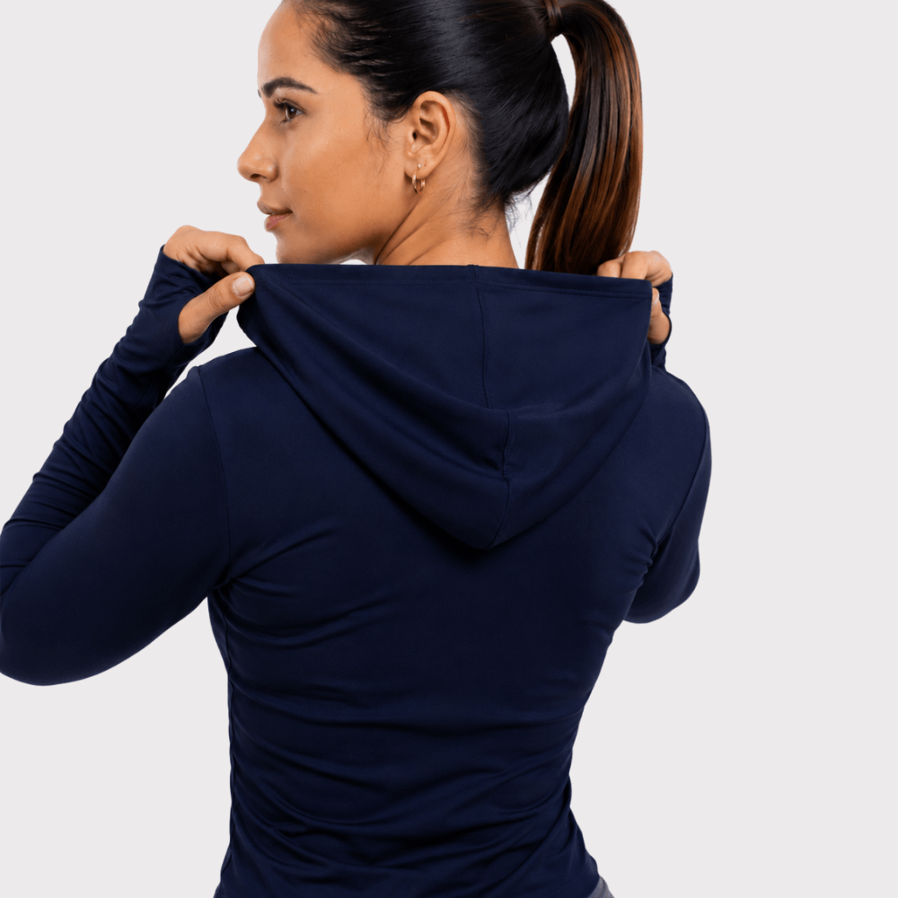 Jaqueta Fitness Feminina com Capuz Manga Longa Dry Fit Zíper Preta