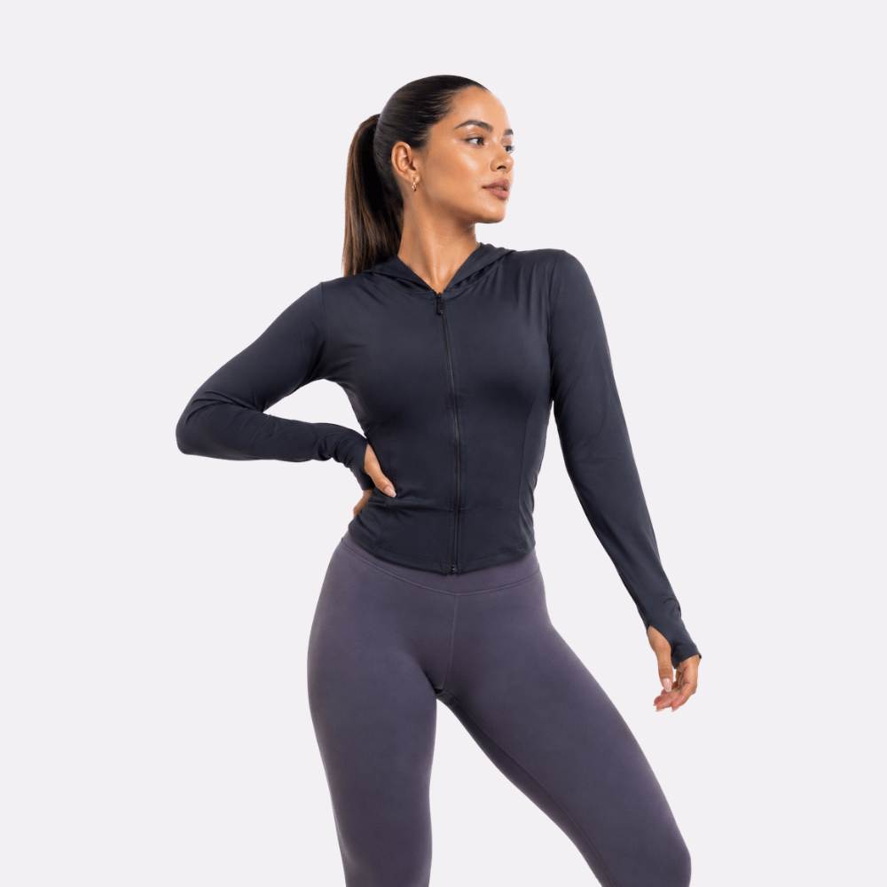 Jaqueta Fitness Feminina com Capuz Manga Longa Dry Fit Zíper Preta