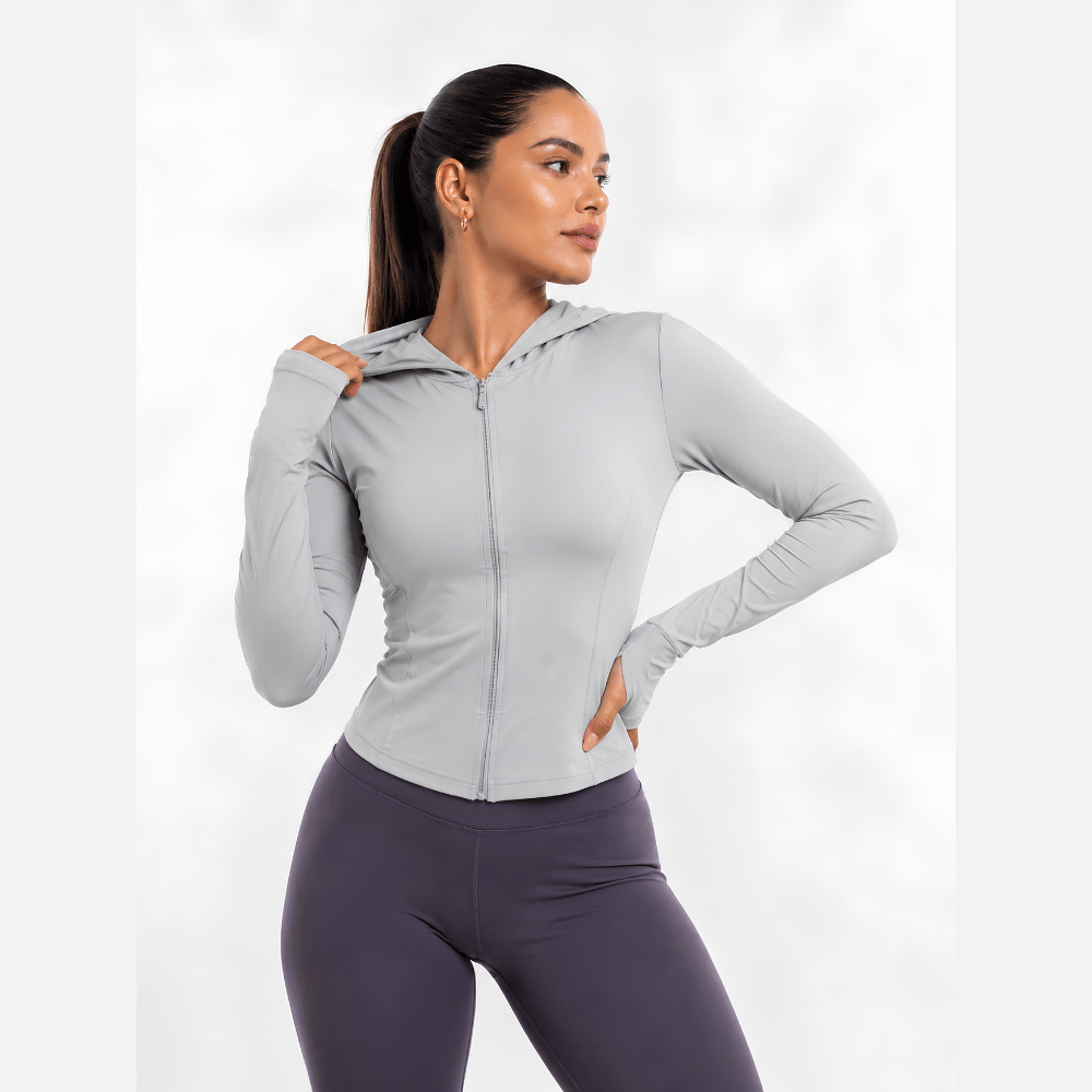 Jaqueta Fitness Feminina com Capuz Manga Longa Dry Fit Zíper Cinza