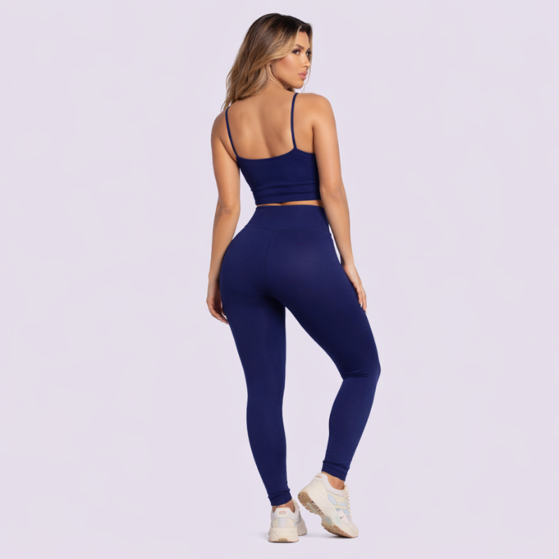 Conjunto Fitness Feminino Azul Marinho Top e Legging Cintura Alta Premium