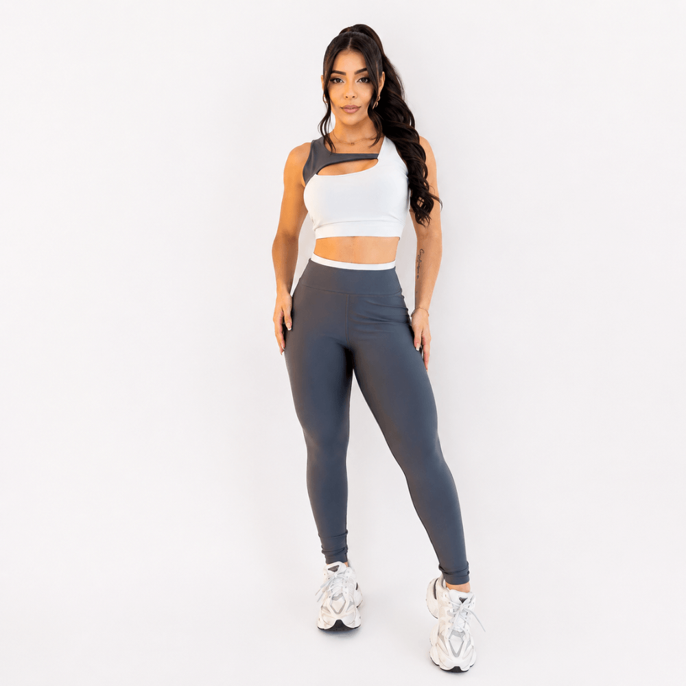 Conjunto Fitness Feminino Cinza e Branco Top e Legging Cintura Alta Premium