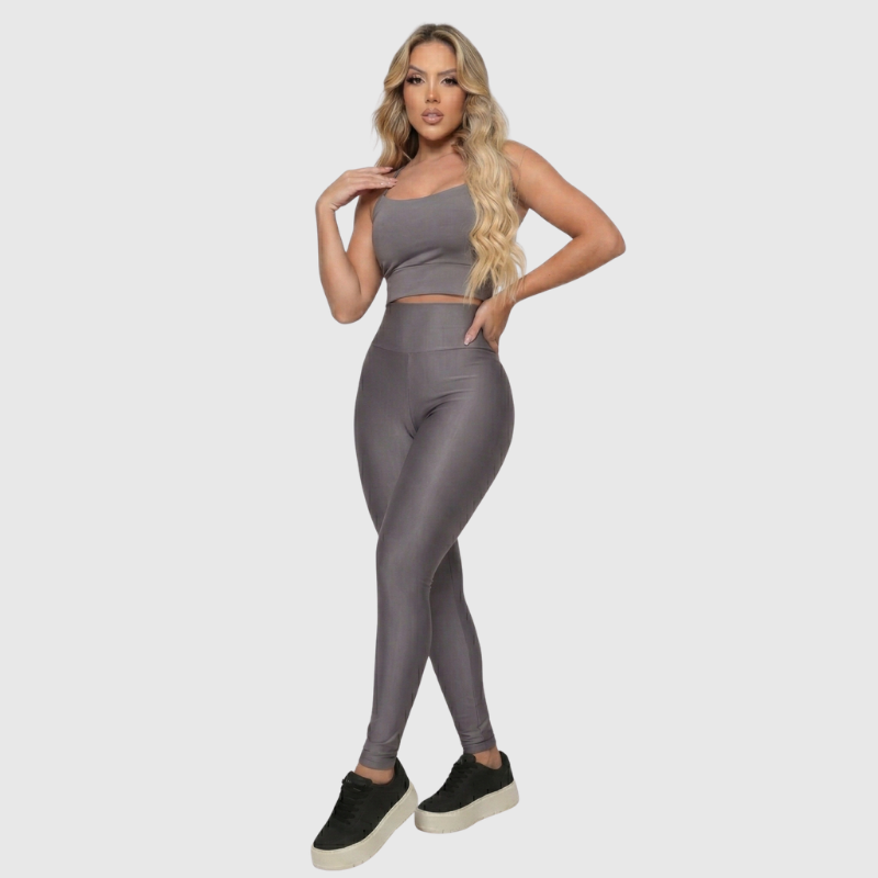 Conjunto Fitness Feminino Cinza Top e Legging Cintura Alta Premium