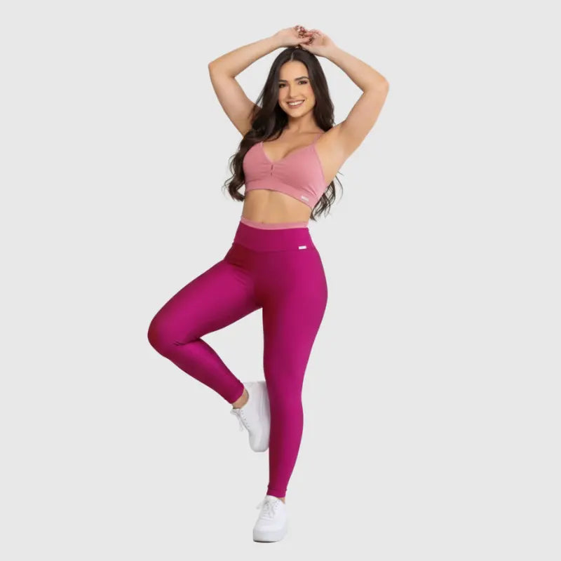 Conjunto Fitness Glow Rosa Pink com Top Rosa - Legging Zero Transparência Slim