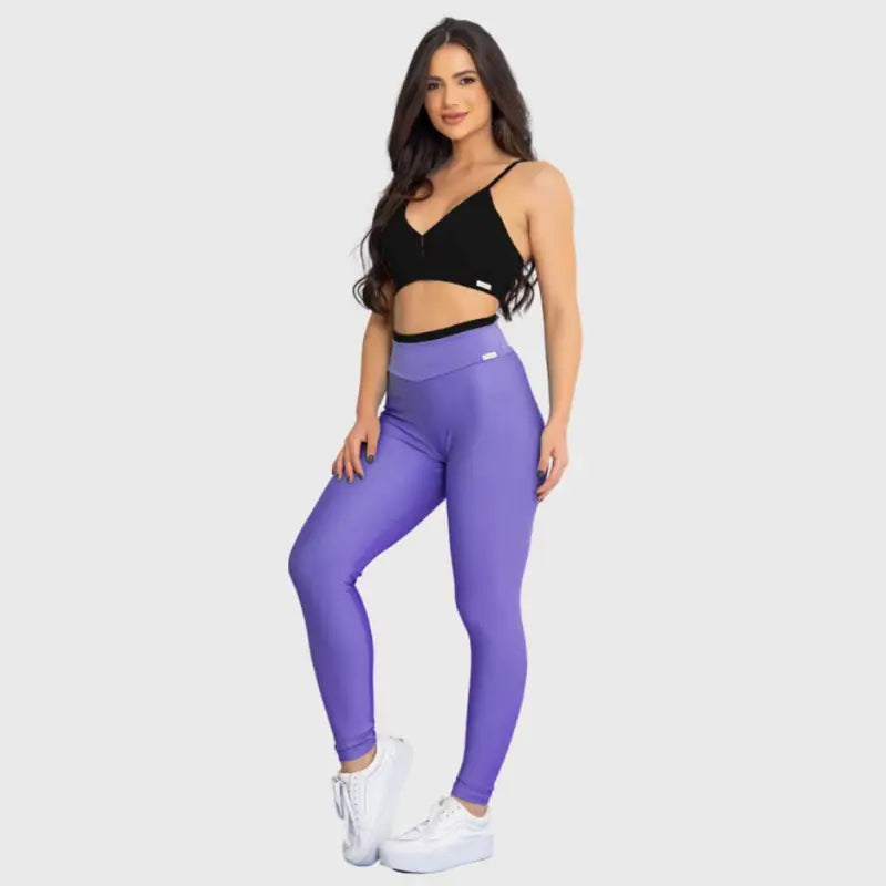 Conjunto Fitness Glow Lilás com Top Preto - Legging Zero Transparência Slim