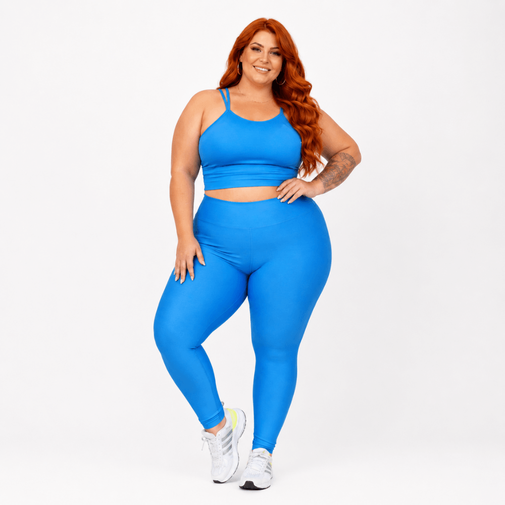 Conjunto Fitness Plus Size Feminino Azul Claro Transparência Cintura Alta Premium