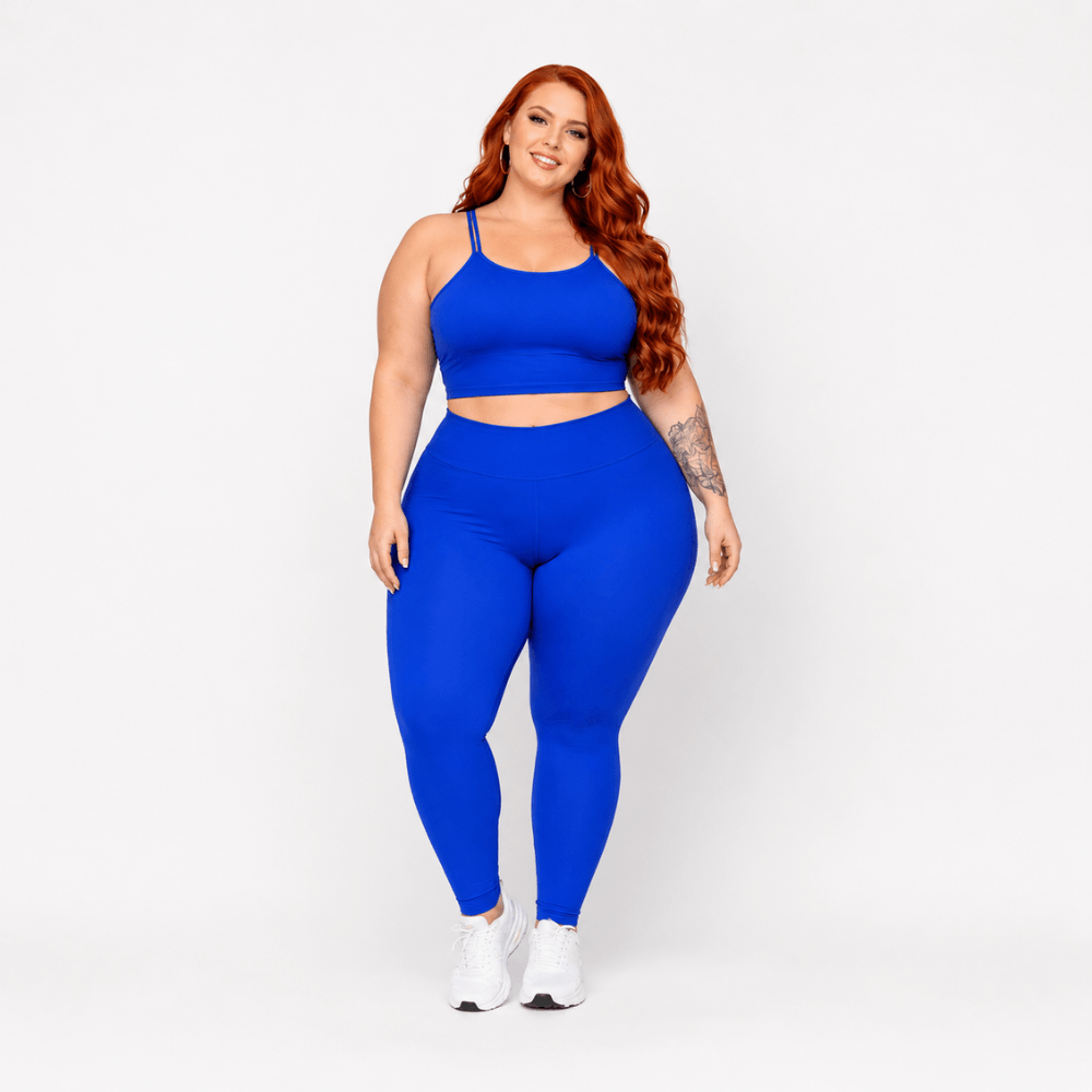Conjunto Fitness Plus Size Feminino Azul Royal Zero Transparência Cintura Alta Premium