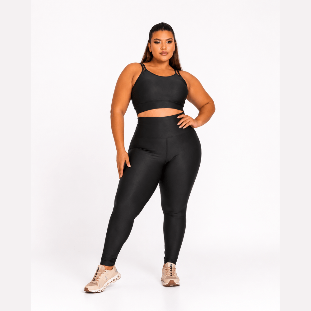 Conjunto Fitness Plus Size Feminino Preto Glow Transparência Cintura Alta Premium